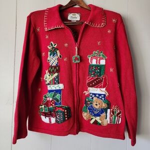 Vintage 2002 Tiara International Holiday Presents Knit Jacket Red Zip Sweater M